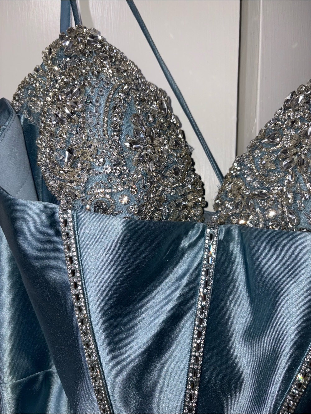 Embellished Satin Evening Dress in Dusty Blue